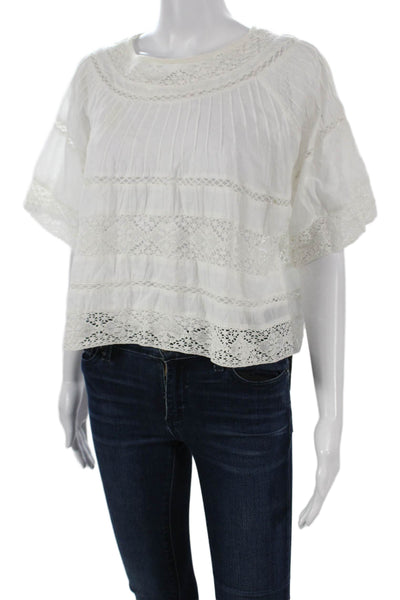 Love Shack Fancy Women Cropped Cotton Top Short Sleeve White Round Neck Size 2