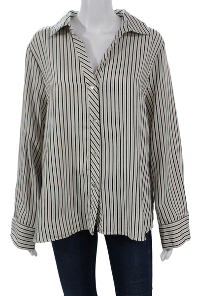 Zara Women Striped Collared Long Sleeve Button-Up White Size XL