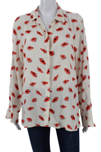 Zara Women Collared Long Sleeve Button Graphic Rayon Blouse White Size XL