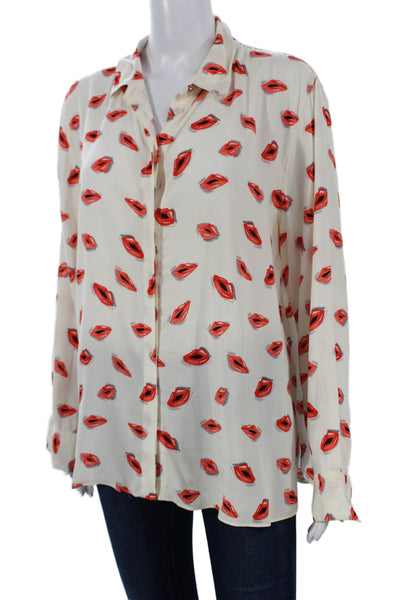 Zara Women Collared Long Sleeve Button Graphic Rayon Blouse White Size XL