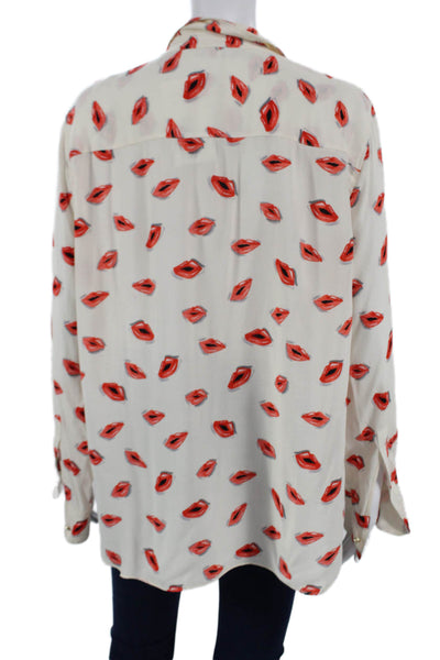 Zara Women Collared Long Sleeve Button Graphic Rayon Blouse White Size XL
