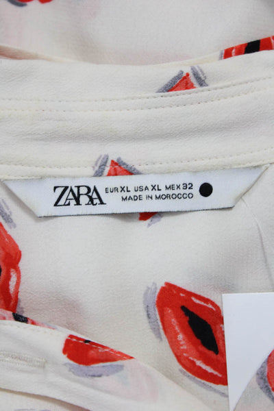 Zara Women Collared Long Sleeve Button Graphic Rayon Blouse White Size XL