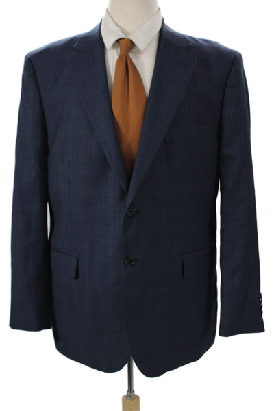 Saks Fifth Avenue Mens Blue Wool Checked Blazer Button Closure Size 44