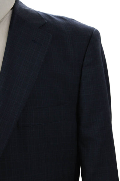 Saks Fifth Avenue Mens Blue Wool Checked Blazer Button Closure Size 44