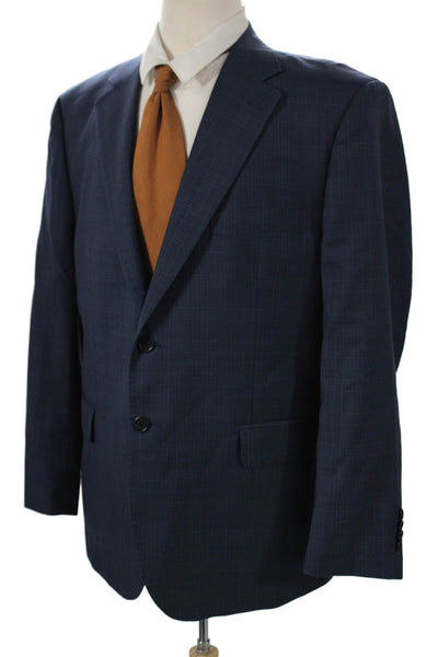 Saks Fifth Avenue Mens Blue Wool Checked Blazer Button Closure Size 44