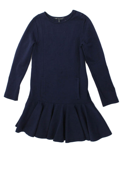 Lili Gaufrette Girls Cotton Round Neck Long Sleeve Peplum Hem Dress Navy Size 12
