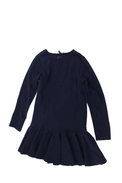 Lili Gaufrette Girls Cotton Round Neck Long Sleeve Peplum Hem Dress Navy Size 12