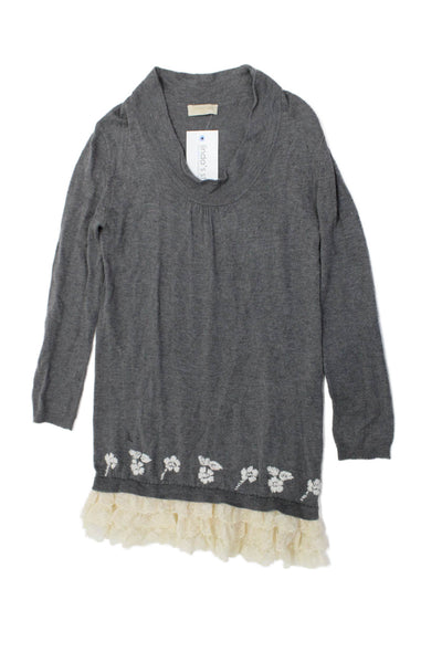 Monalisa Girls Floral Lace Hem Knitted Long Sleeve Dress Gray Size 11