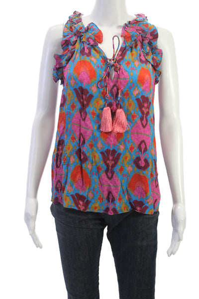 Figue Women Sleeveless V-Neck Geometric Viscose Tunic Blouse Tie Size M