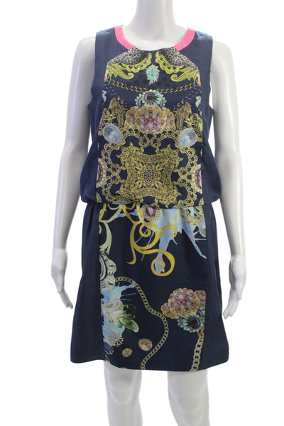 Tibi Women Blouson Silk Blue Sleeveless Round Neck Short Dress Size 4