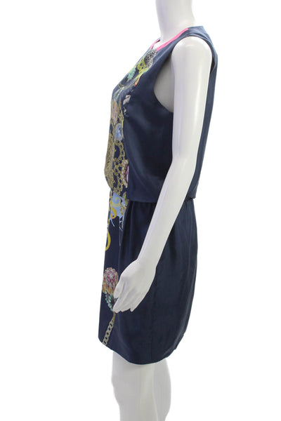 Tibi Women Blouson Silk Blue Sleeveless Round Neck Short Dress Size 4