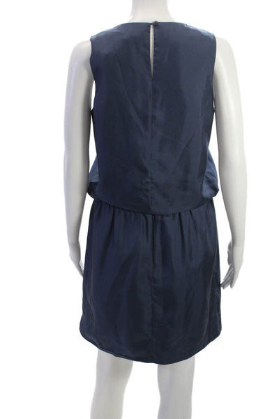 Tibi Women Blouson Silk Blue Sleeveless Round Neck Short Dress Size 4