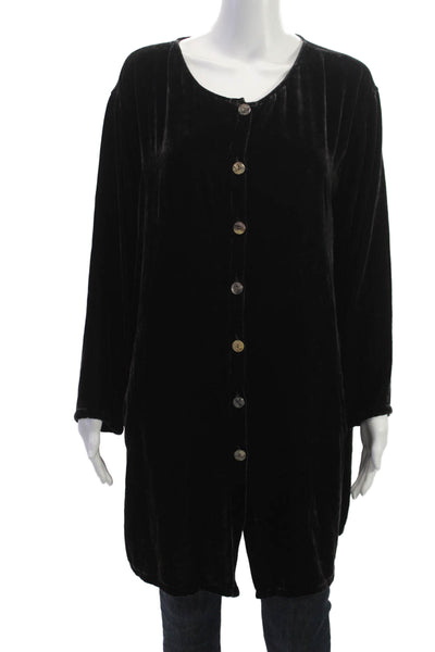 Kleen Women Silk Tunic Black Button Up Long Sleeve Round Neck Size L