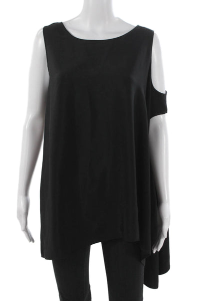 Shamask Women Silk Sleeveless Tunic Blouse Boat Neck Black Pullover Size M