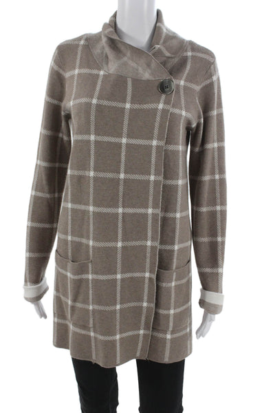 Jones & Co Womens Beige Check Viscose Cowl Neck Cardigan Long Sleeve Size S