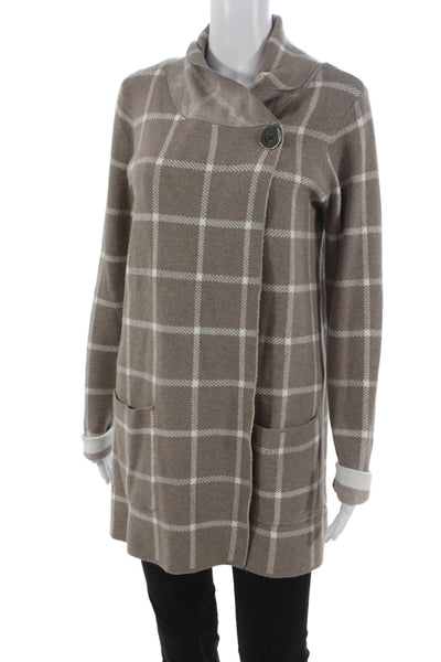 Jones & Co Womens Beige Check Viscose Cowl Neck Cardigan Long Sleeve Size S