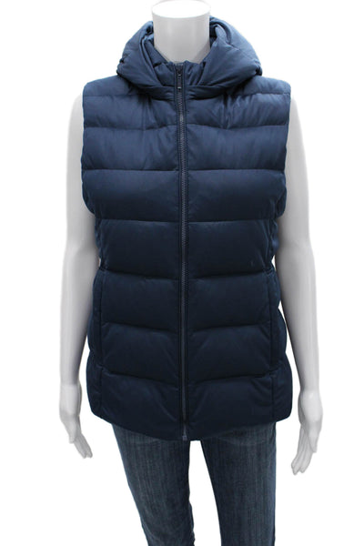 Uniqlo Women Puffer Vest Blue Zip Polyester Sleeveless Solid Fall Size M
