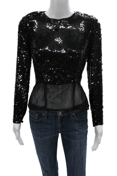 Victor Costa Women Cropped Black Long Sleeve Round Neck Blouse Size 6