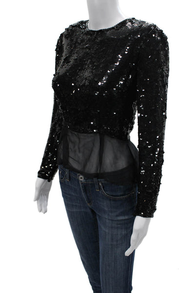 Victor Costa Women Cropped Black Long Sleeve Round Neck Blouse Size 6