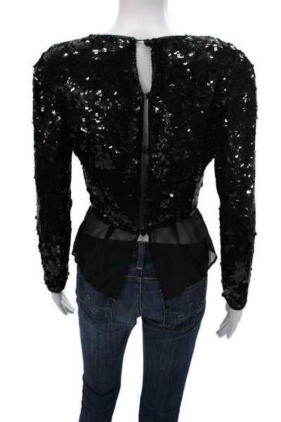Victor Costa Women Cropped Black Long Sleeve Round Neck Blouse Size 6
