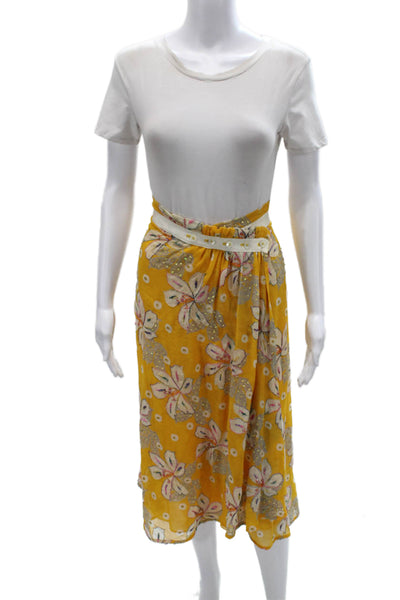 Zenobia Womens Yellow Silk Floral Wrap Skirt Knee Length Button Size 6