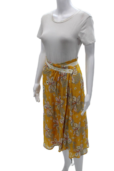 Zenobia Womens Yellow Silk Floral Wrap Skirt Knee Length Button Size 6