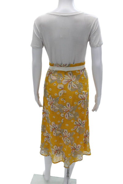 Zenobia Womens Yellow Silk Floral Wrap Skirt Knee Length Button Size 6