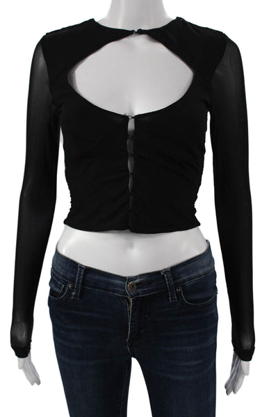 Superdown Womens Cropped Black Nylon Long Sleeve Blouse Hook Eye Size XS