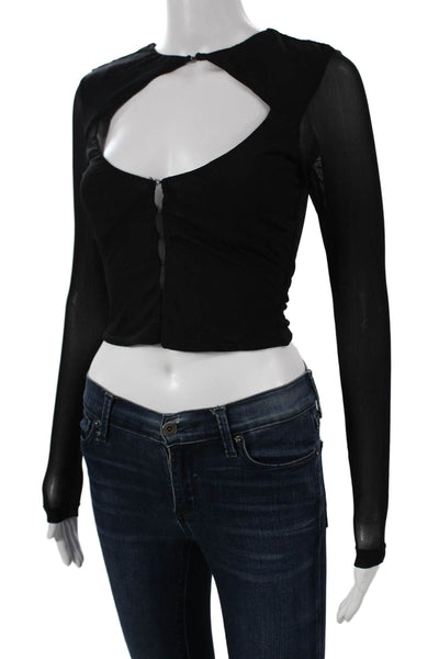 Superdown Womens Cropped Black Nylon Long Sleeve Blouse Hook Eye Size XS