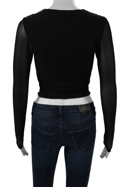 Superdown Womens Cropped Black Nylon Long Sleeve Blouse Hook Eye Size XS