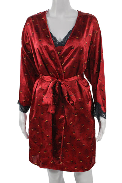 Josie Natori Womens Satin Floral Lace Trim Robe Red Size S