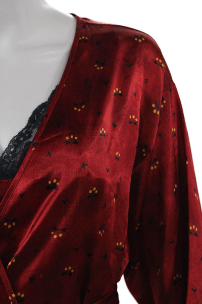 Josie Natori Womens Satin Floral Lace Trim Robe Red Size S