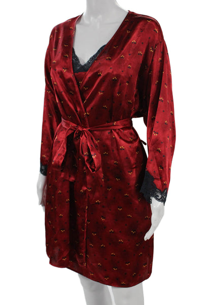 Josie Natori Womens Satin Floral Lace Trim Robe Red Size S