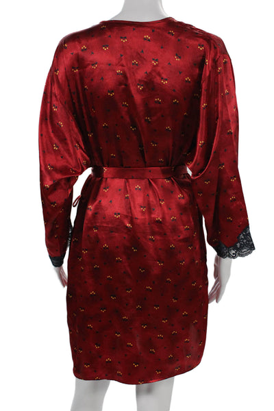 Josie Natori Womens Satin Floral Lace Trim Robe Red Size S