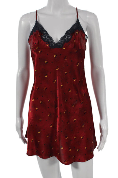 Josie Natori Womens Satin Floral Lace Trim Robe Red Size S