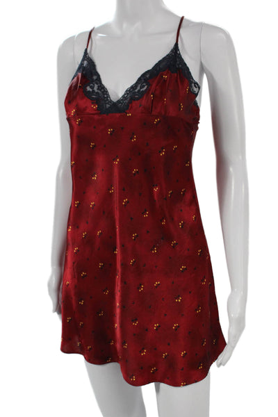 Josie Natori Womens Satin Floral Lace Trim Robe Red Size S