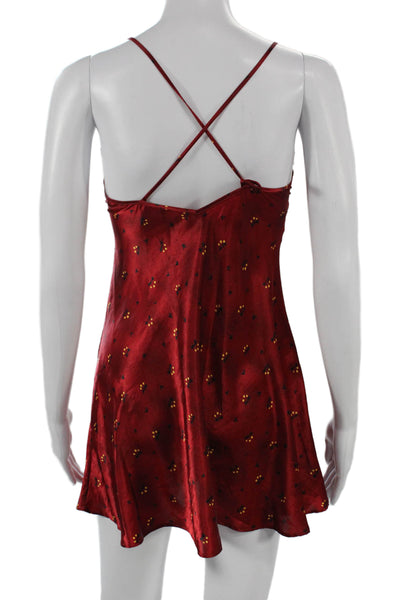Josie Natori Womens Satin Floral Lace Trim Robe Red Size S