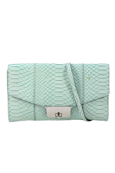 Milly Womens Chain Strap Snake Embossed Turnlock Flap Shoulder Handbag Teal