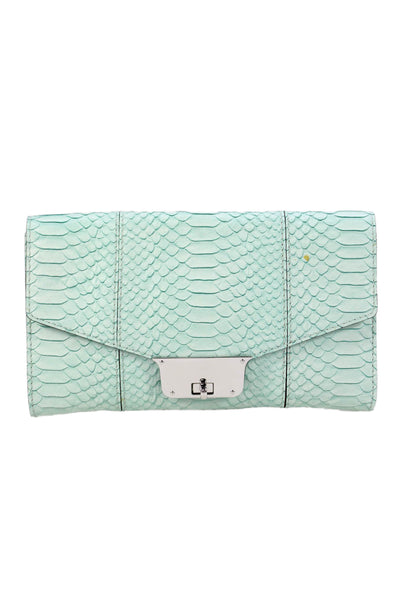 Milly Womens Chain Strap Snake Embossed Turnlock Flap Shoulder Handbag Teal