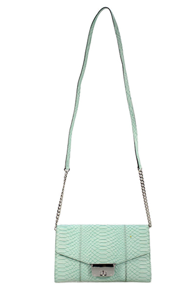 Milly Womens Chain Strap Snake Embossed Turnlock Flap Shoulder Handbag Teal