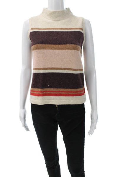 Margaret OLeary Womens Merino Wool Striped Mock Neck Sweater Vest Beige Size S