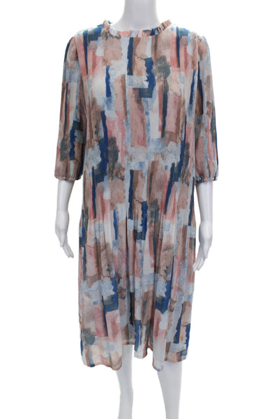 Japparel Womens Shift Dress Multicolor Geometric Neck Zip 3/4 Sleeve Size S