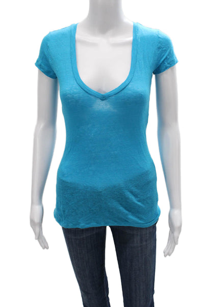 Calypso Saint Barth Womens Blue Linen V-Neck Short Sleeve Basic T-Shirt Size XS