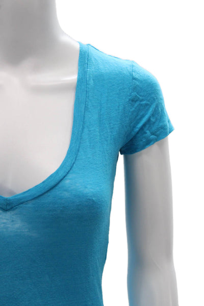 Calypso Saint Barth Womens Blue Linen V-Neck Short Sleeve Basic T-Shirt Size XS