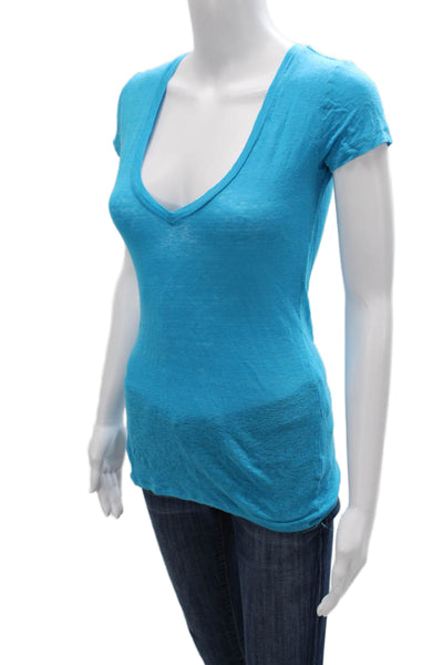 Calypso Saint Barth Womens Blue Linen V-Neck Short Sleeve Basic T-Shirt Size XS