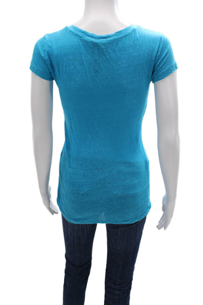 Calypso Saint Barth Womens Blue Linen V-Neck Short Sleeve Basic T-Shirt Size XS