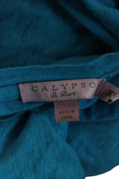 Calypso Saint Barth Womens Blue Linen V-Neck Short Sleeve Basic T-Shirt Size XS