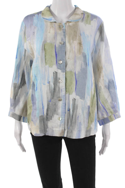 Poetry Women Multicolor Linen Collared 3/4 Sleeve Button-Up Top Size 12