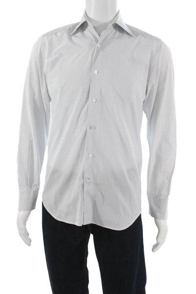 Canali Mens Button Front Long Sleeve Collared Geometric Shirt White Blue Small