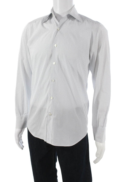 Canali Mens Button Front Long Sleeve Collared Geometric Shirt White Blue Small